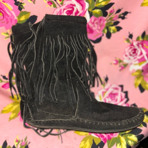 TAOS footwear black fringe suede leather short boots 8 festival burning man boho - Picture 5 of 13